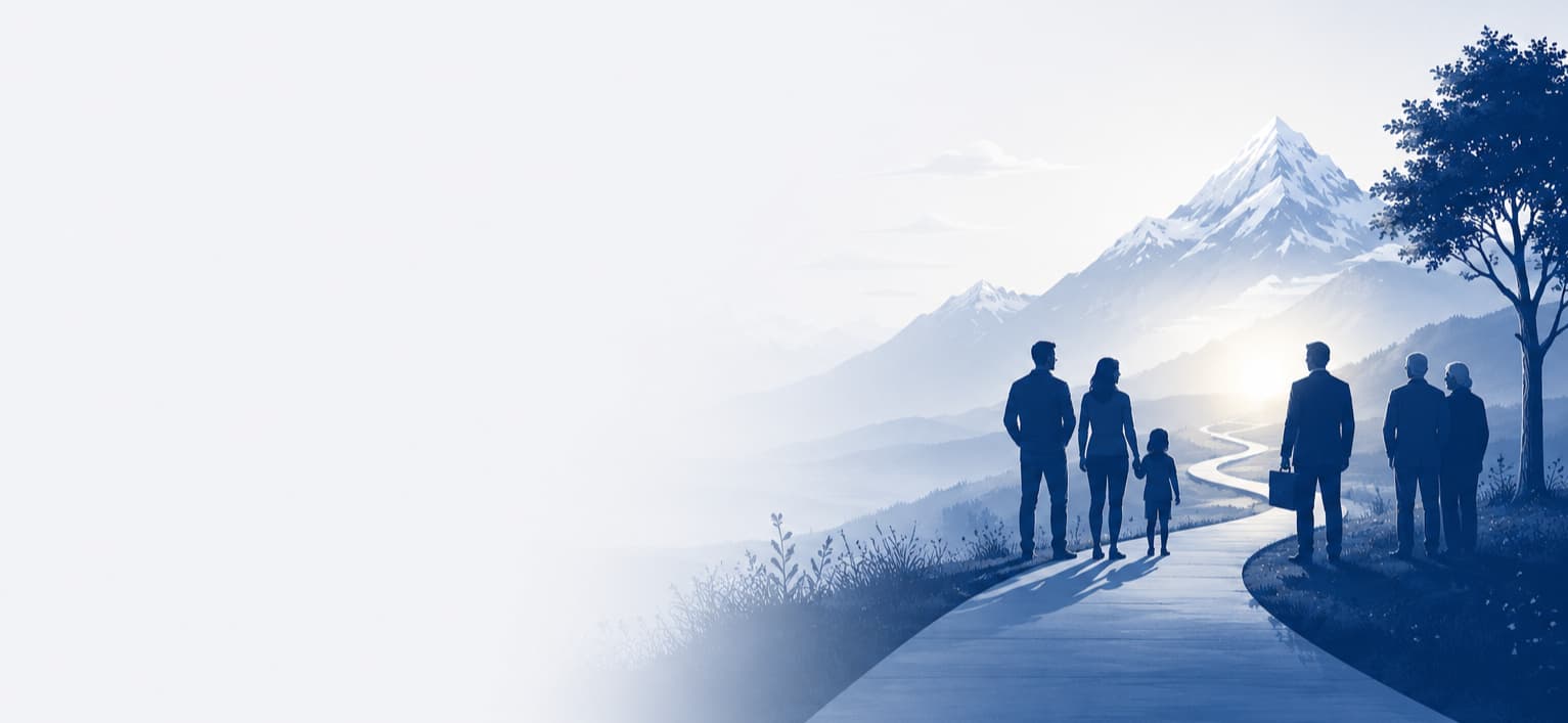 People walking towards a bright mountain future